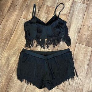 SHEIN Black Fringe Crop Top/Short Set Woman Size 3XL